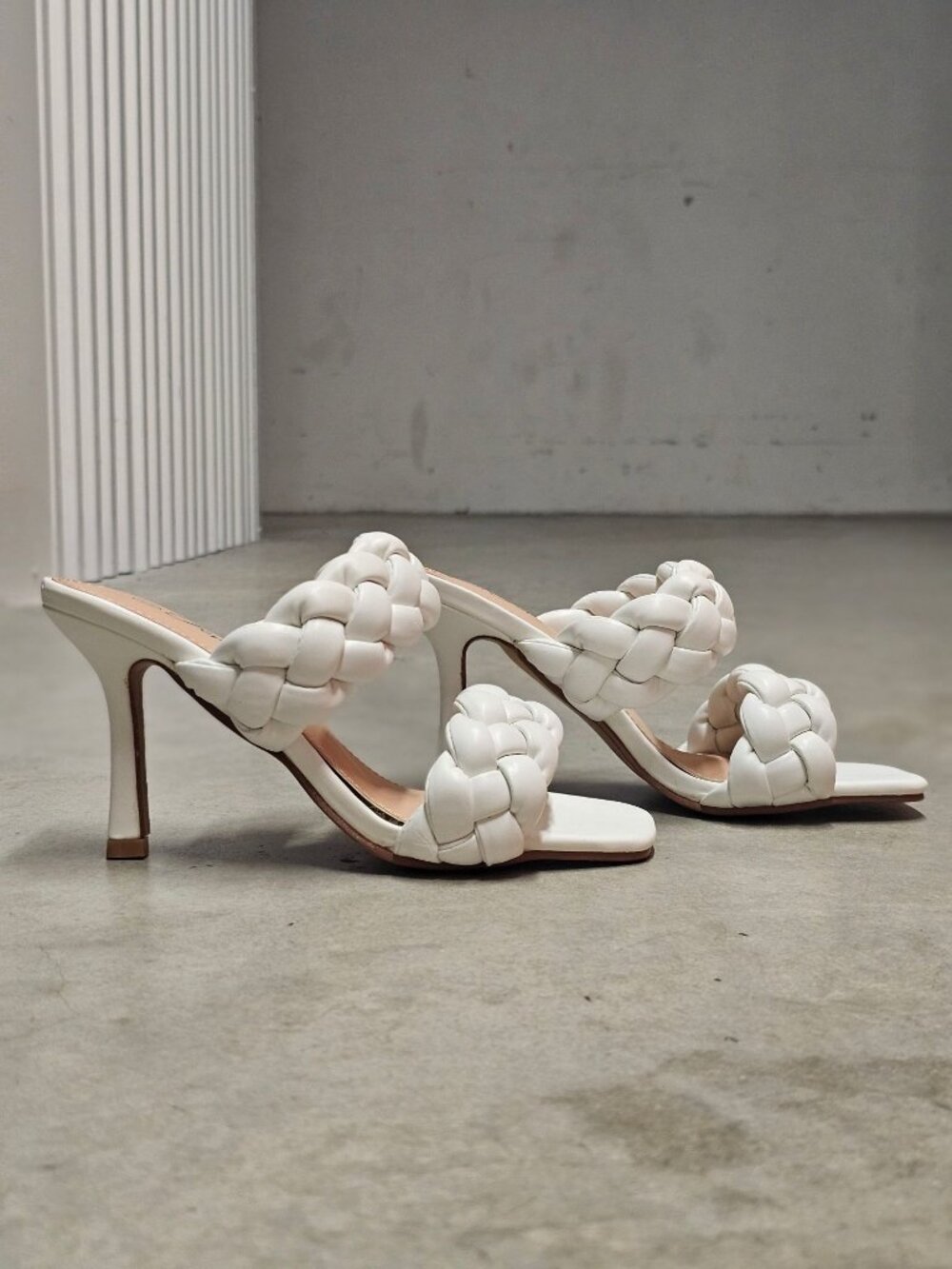 White Braided Heeled Sandals With Square Toe & Slip-On Style - Picture 8 of 12